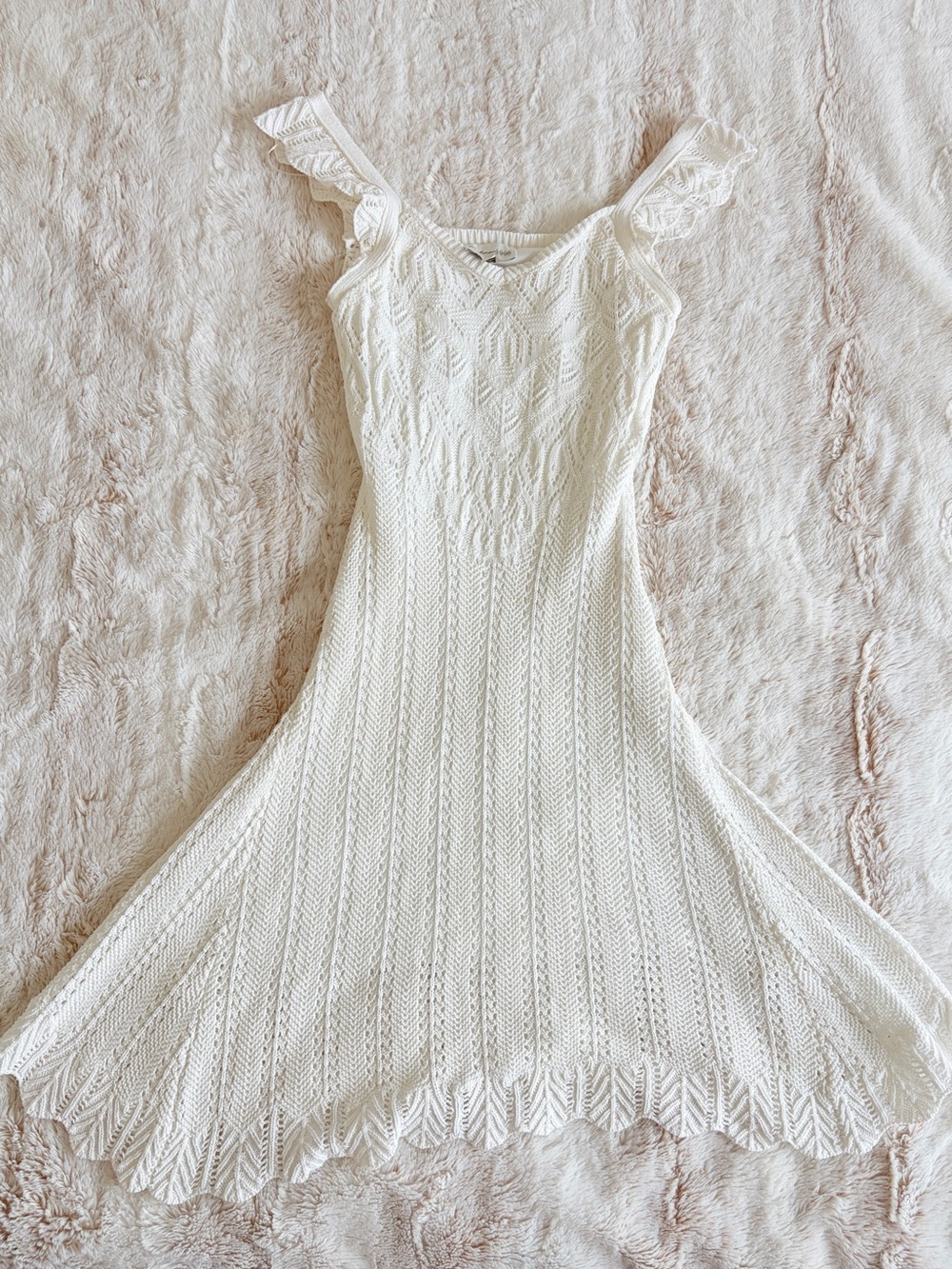 Y2K Style Fairycore Winter White Crochet Knit Flare Midi Dress Cottagecore Boho
